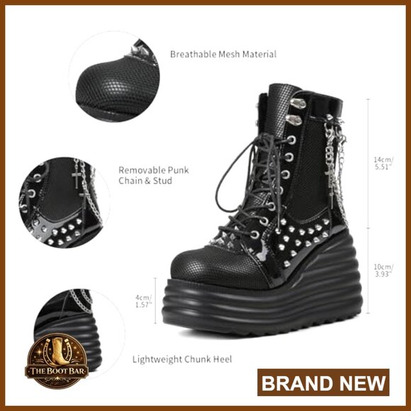 Platform Combat Boots with Chains & Studs, Lace Up & Zip Closure - Picture 5 of 7
